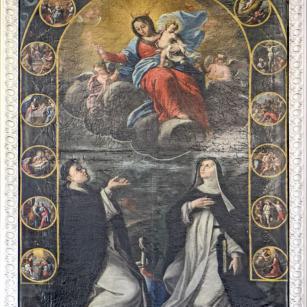 Altarblatt Rosenkranzmadonna mit Dominikus und Katharina mit 15 Medaillons Rosenkranzgeheimnisse